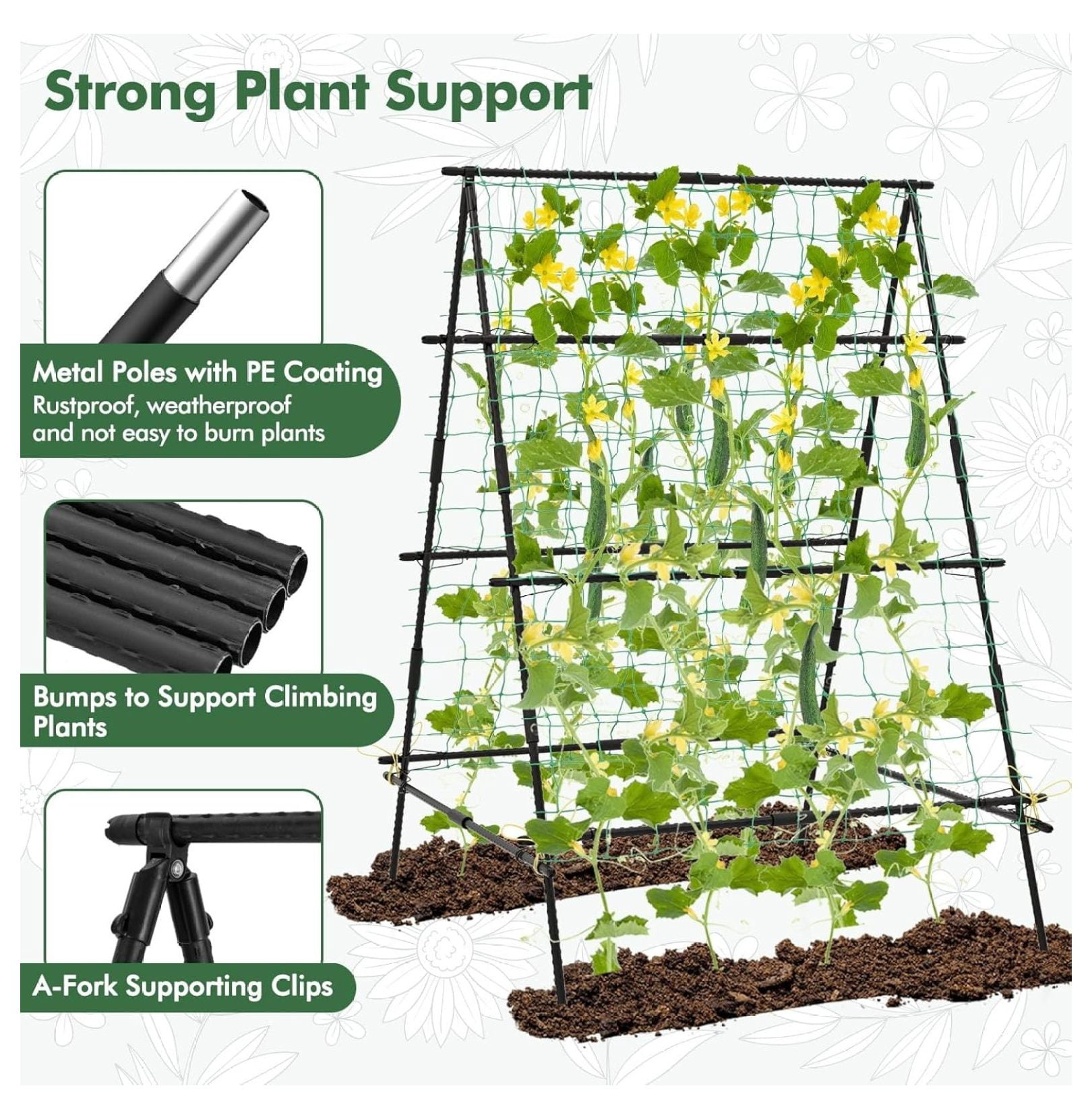 Garden Trellis for Climbing Plants Outdoor, A-Frame Plant Trellis with Netting, Heavy Duty Metal Poles, Plant Clips for Vines, Vegetables, Flowers