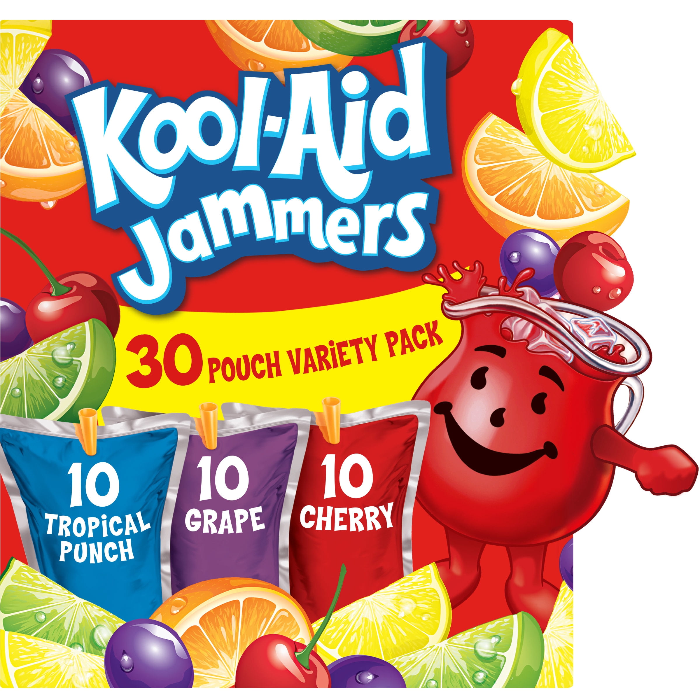 Kool Aid Jammers Variety Pack with Tropical Punch, Grape & Cherry Kids Drink Juice Box Pouches, 30 ct Box, 6 fl oz Pouches