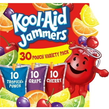 Kool Aid Jammers Variety Pack with Tropical Punch, Grape & Cherry Kids Drink 0% Juice Box Pouches, 30 Ct Box, 6 fl oz Pouches