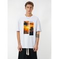 thumbnail image 1 of Camiseta cómoda y transpirable con estampado de letras y patrones de atardecer para hombre, nueva camiseta informal de cuello redondo y manga corta para primavera, verano, vacaciones y ocio., 1 of 6