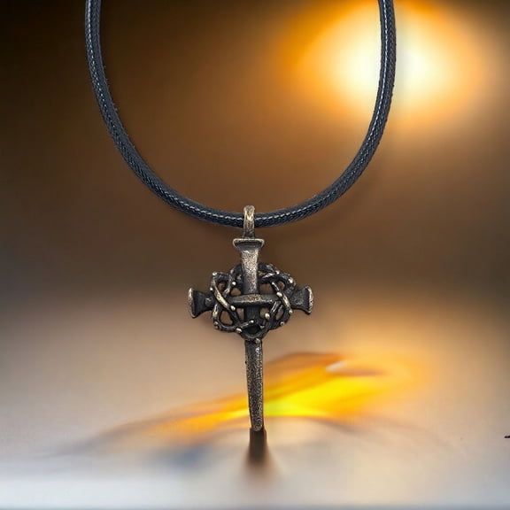 Cross Nail Crown Pewter Pendant Antique Brass Metal Finish Black Cord Necklace