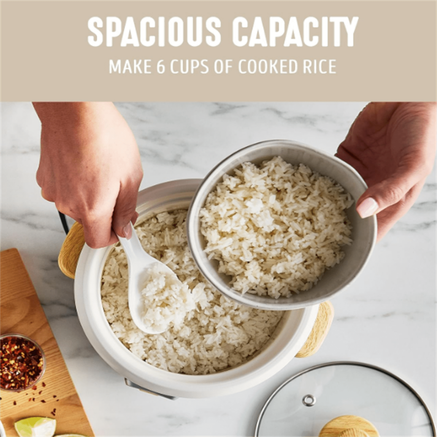 Rice Cooker with Removable PFAS-Free Nonstick Pot, 3-Cups Uncooked/6-Cups Cooked, One-Switch Design, Auto Keep Warm Function, Soup, Grains, Oatmeal, Wood Handle, Cream