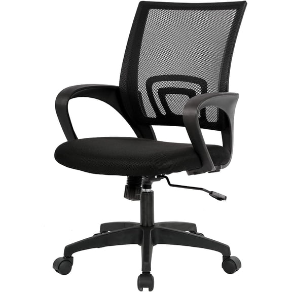 Mid‑Back Ergonomic Swivel Desk Chair, Breathable Backrest with Lumbar Support, Height Adjustable Sponge Seat, Rolling Wheels for Home and Office, Dark Black