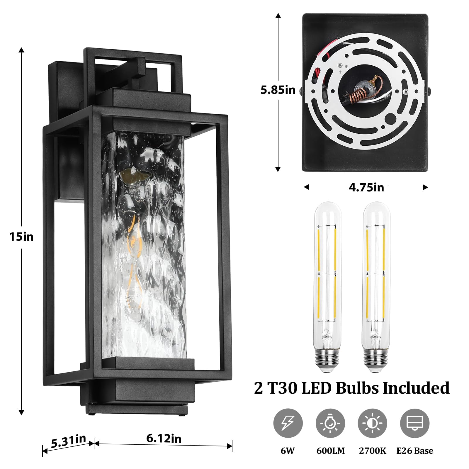 2-pack Modern Outdoor Wall Lights With 2 Led Bulbs  15'' Exterior Lighting Fixtures Mount Water Ripple Glass Black Porch Sconces Outside For House Garage