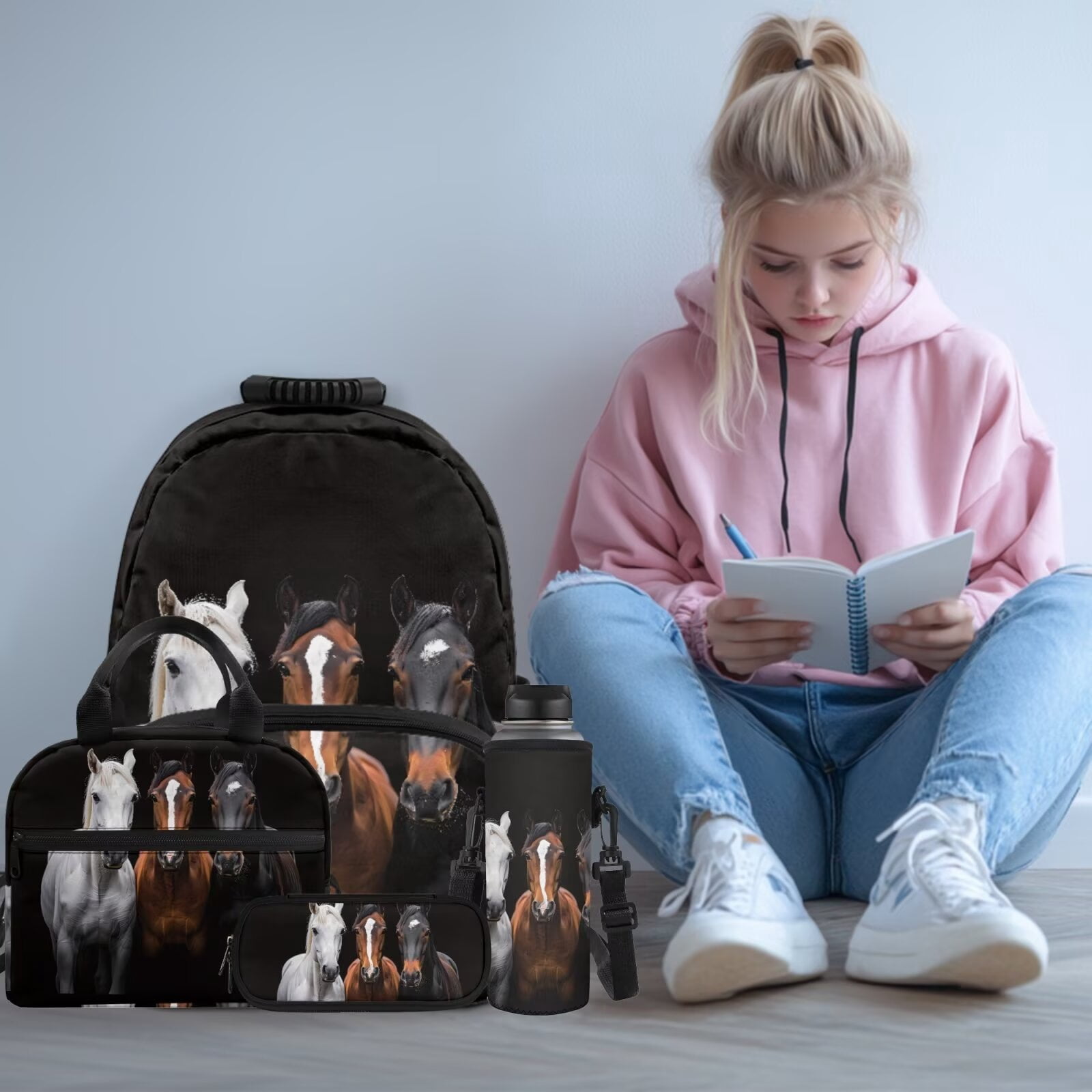 Pzuqiu Western Horse Kids Backpack School Bag Set with Lunch Box Pencil Case Water Bottle Holder 17 Inch 4 Piece Bookbags with Adjustable Shoulder Strap for Boys Teens 8-12