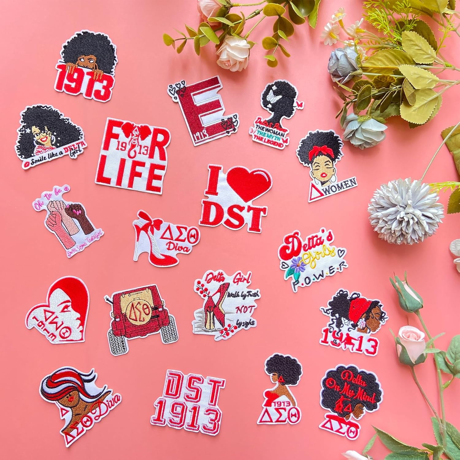 18pcs Delta Sigma Sorority Theta Iron on Patches Paraphernalia, Cute Embroidered Trucker Hat Patch Sew on Repair Applique for Bags Jackets Clothes
