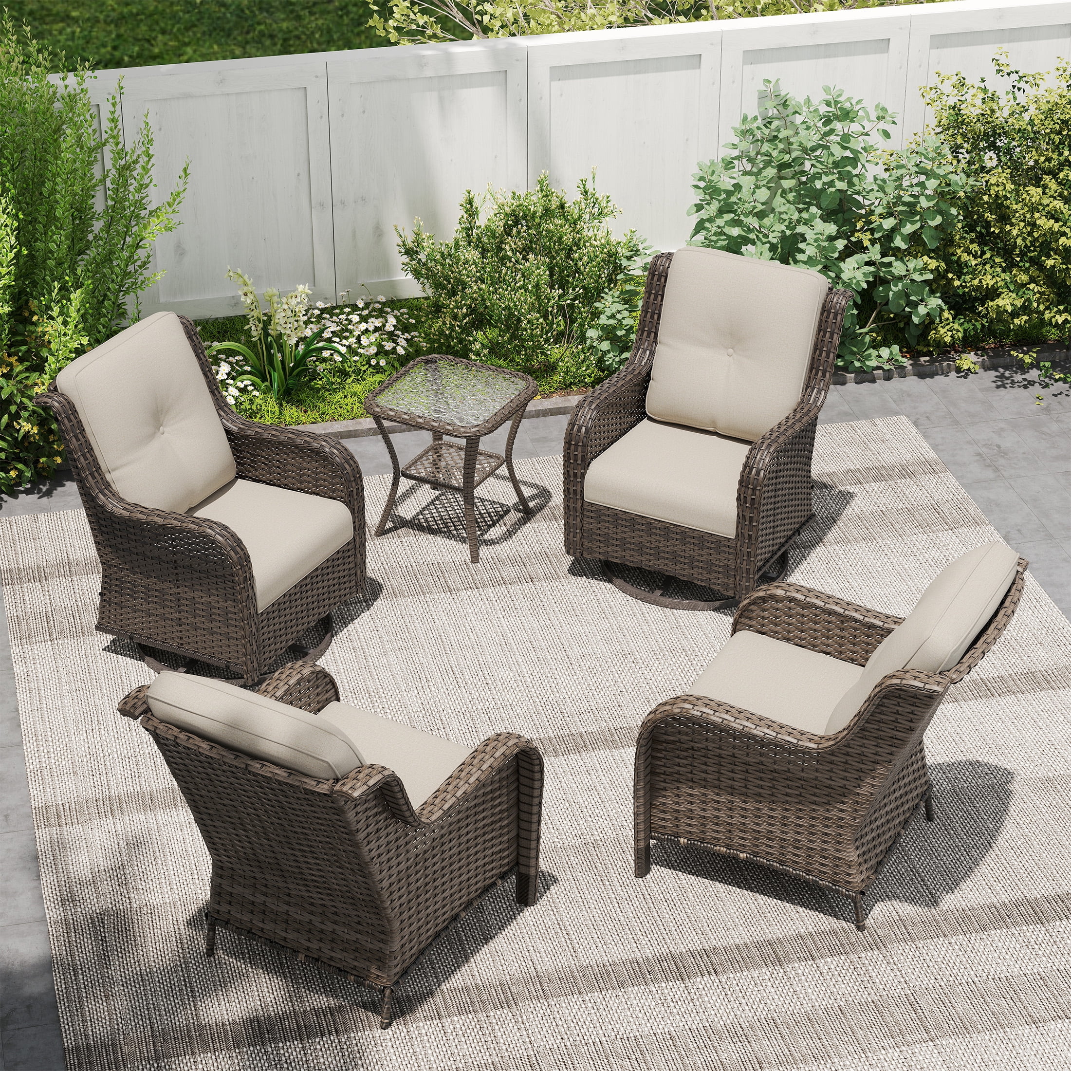 MeetLeisure 5 Piece Wicker Patio Furniture Set, 2 Swivel Rocker Chairs, 2 Rattan Armchairs, 1 Side Table, High Back, Deep Seating, Thick Cushions for Deck Porch, Beige