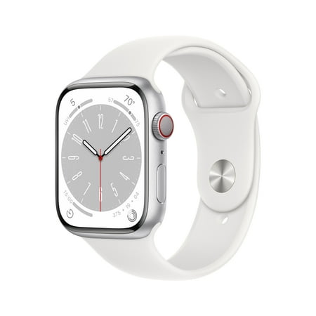 Apple Watch Series 8 GPS + Cellular 45mm Silver Aluminum Case with White Sport Band - M/L. Fitness Tracker, Blood Oxygen & ECG Apps, Always-On Retina Display