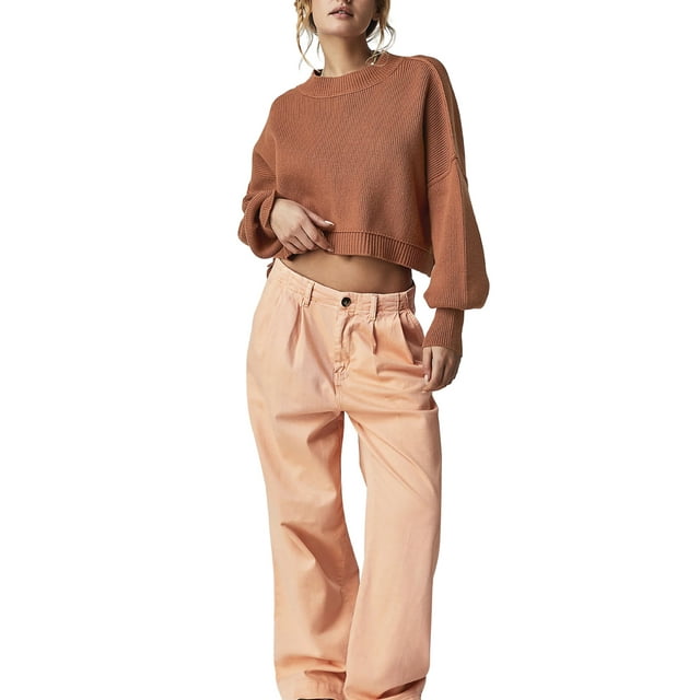 xiaxaixu Hauts Courts d'Automne pour Femmes Couleur Unie Col Rond Côtelé Manches Longues Pulls Amples de Printemps