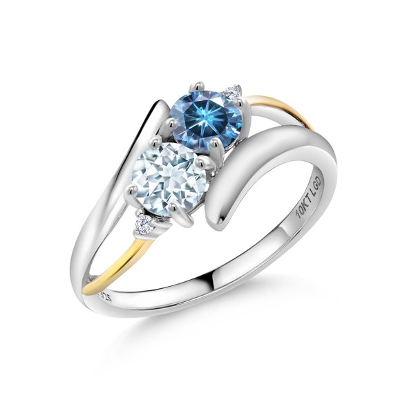 Gem Stone King 925 Silver and 10K Yellow Gold Persian Blue Moissanite and Sky Blue Aquamarine and White Moissanite 2-Stone Crossover Ring for Women (1.02 Cttw, Size 6)