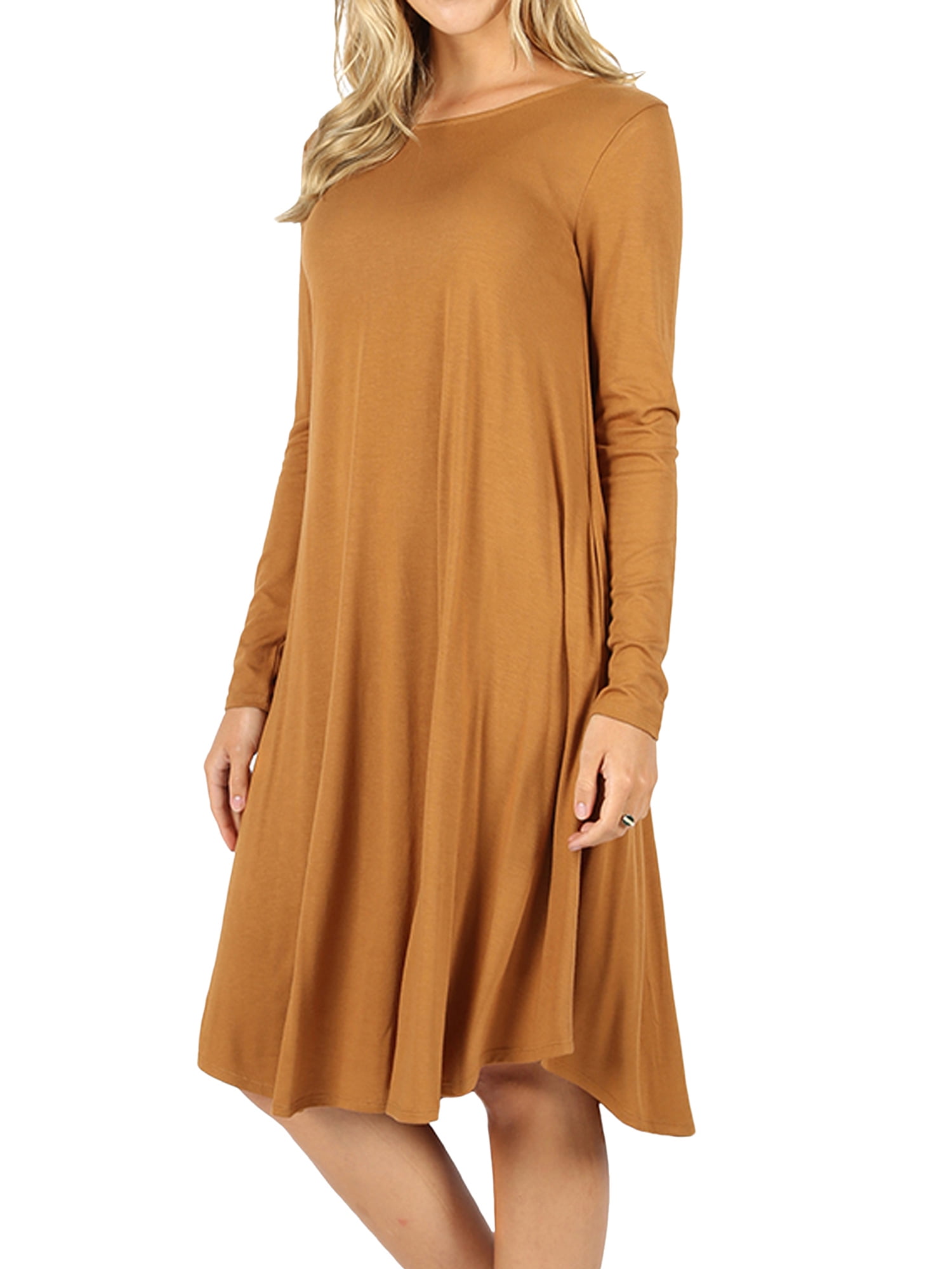 Womens & Plus Round Neck Long Sleeve Knee Length A-Line