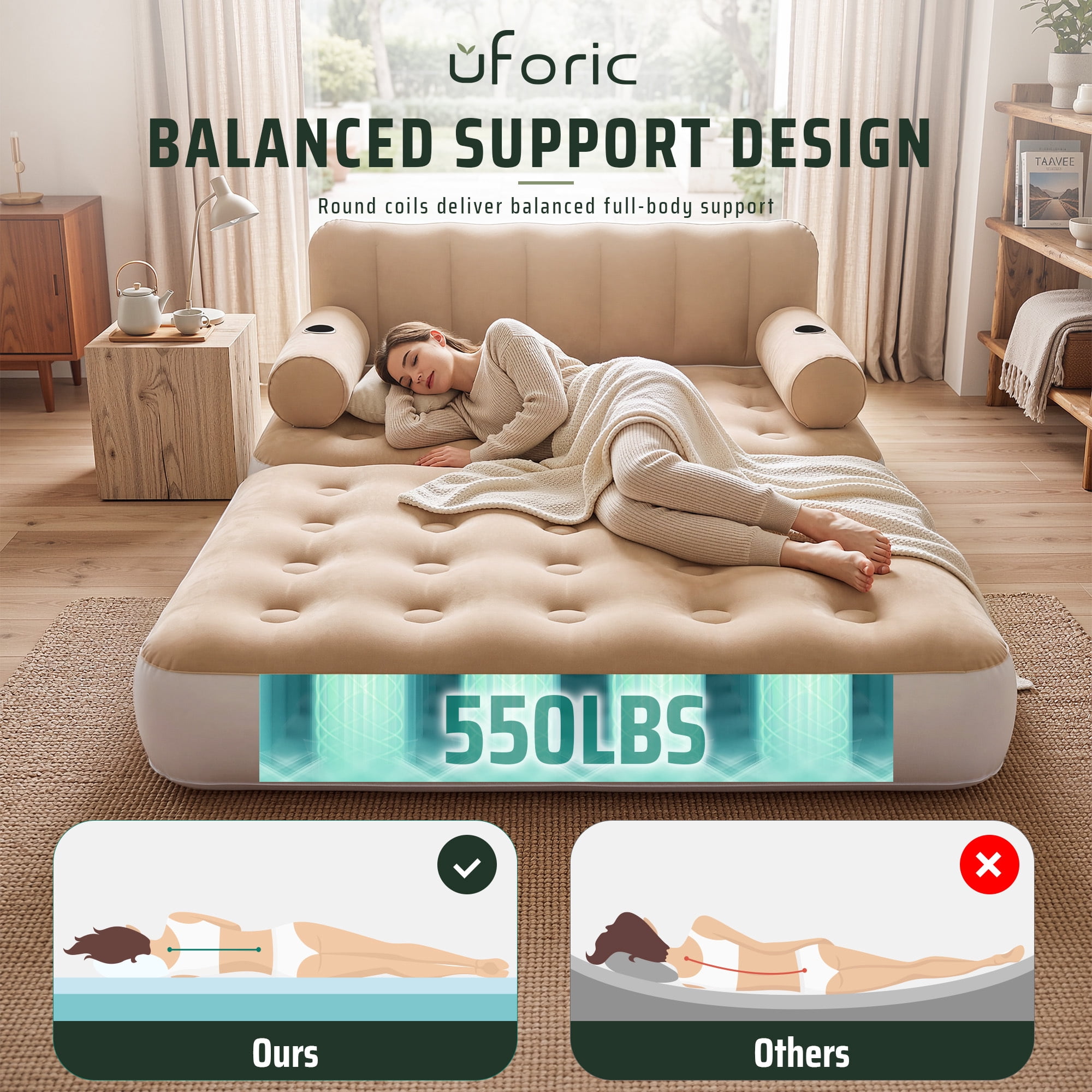 Uforic 3-Piece Convertible Air Sofa Bed Set, Queen + 2 Twin Inflatable Mattress with Headboard, Cup Holders, Pump & Carry Bag for Home Camping, Khaki