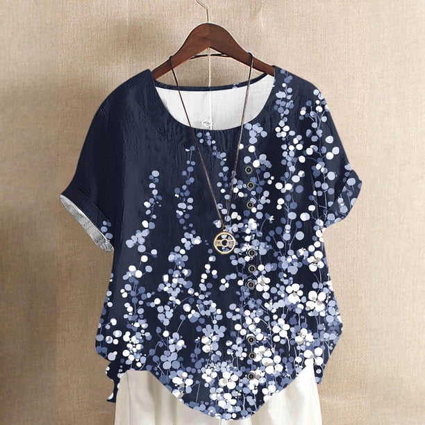 TaTaai Women's Round Neck Printed T Shirt Short Sleeve Button Detail Top Casual Loose Fit Blouse Non Positioning Print Linen Feel Soft for Summer Daily Gift