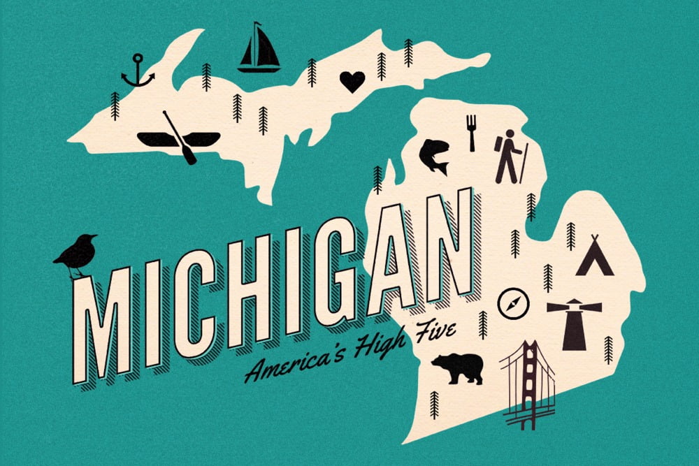 Michigan Icon Set Michigan, Retro Icons, Turquoise (16x24 Giclee Gallery Art Print, Vivid ...