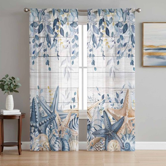 Blue Eucalyptus Coastal Sheer Curtains 63 Inch Length 2 Panels Set Window Treatments, Beach Starfish Shell Nautical Retro Rod Pocket Semi Curtains for Living Room/Bedroom/Kitchen Décor, 104"W x 63"L