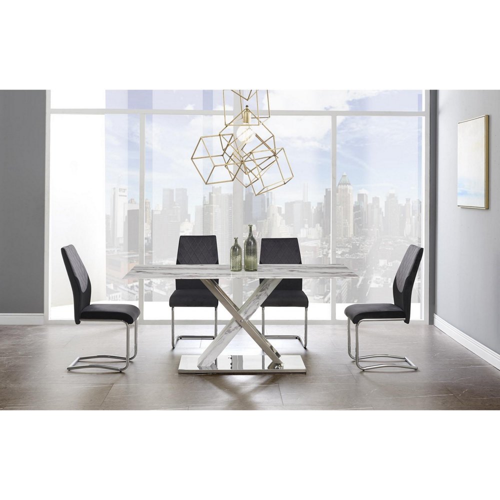 Elegant Marble Glass Top Dining Table with X Base Stainless Steel