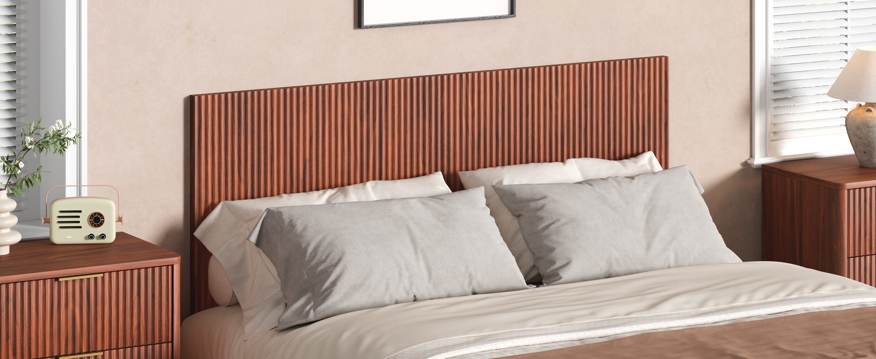 Modern Wavy Wooden Headboard 60.8 Inch for Queen Bed, Vertical Wood Grain Design with Easy Wall-Hanging Assembly, Bohemian Style, Easy Install, Walnut