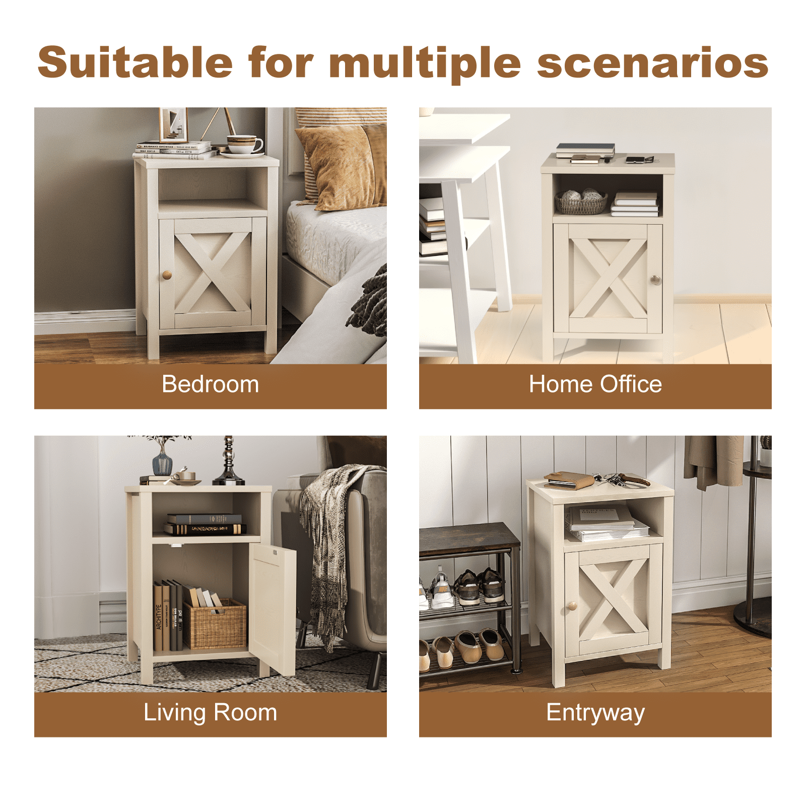 EVOKEDEN Farmhouse Nightstands Set of 2, Rustic Vintage Side End Table w/ Storage & Barn Door for Bedroom Living Room, Beige
