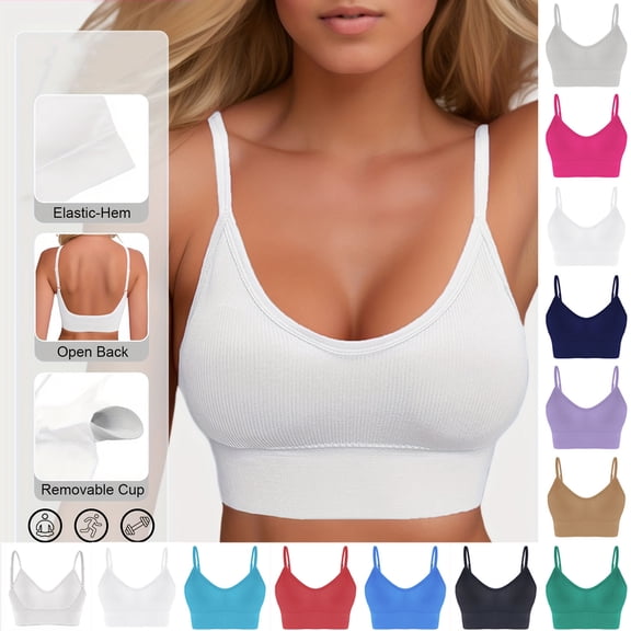 QATAINLAV Women's Padded Seamless Wireless Sport Bras Solid Casual Summer Spaghetti Straps Bralette Yoga Workout Crop Tops Black L