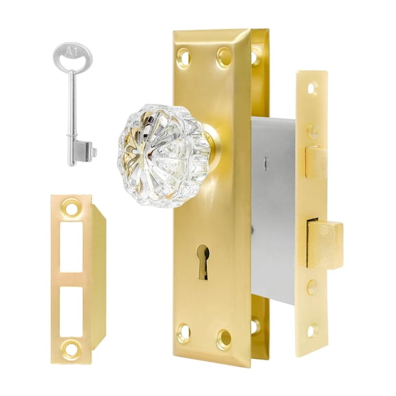 Vintage Door Knob with Lock for Interior Doors Polished Gold, Antique Brass 1 Pack Mortise Lock Set, Old Fashioned Bathroom & Bedroom with Skeleton Key for Old House Doors