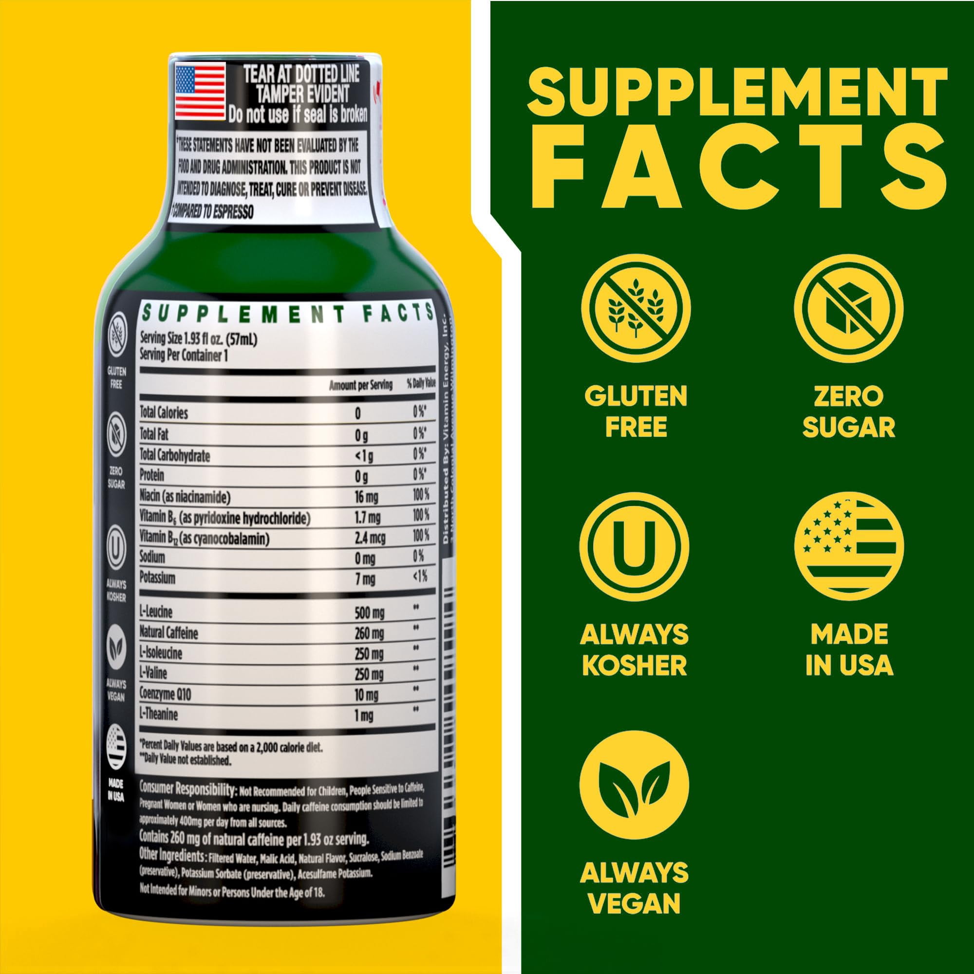 Vitamin Energy Focus+ Extra Strength Shot, Grape, 48 Pack – 260mg Natural Caffeine, CoQ10 & B-Vitamins, Zero Sugar, 1.93 fl oz