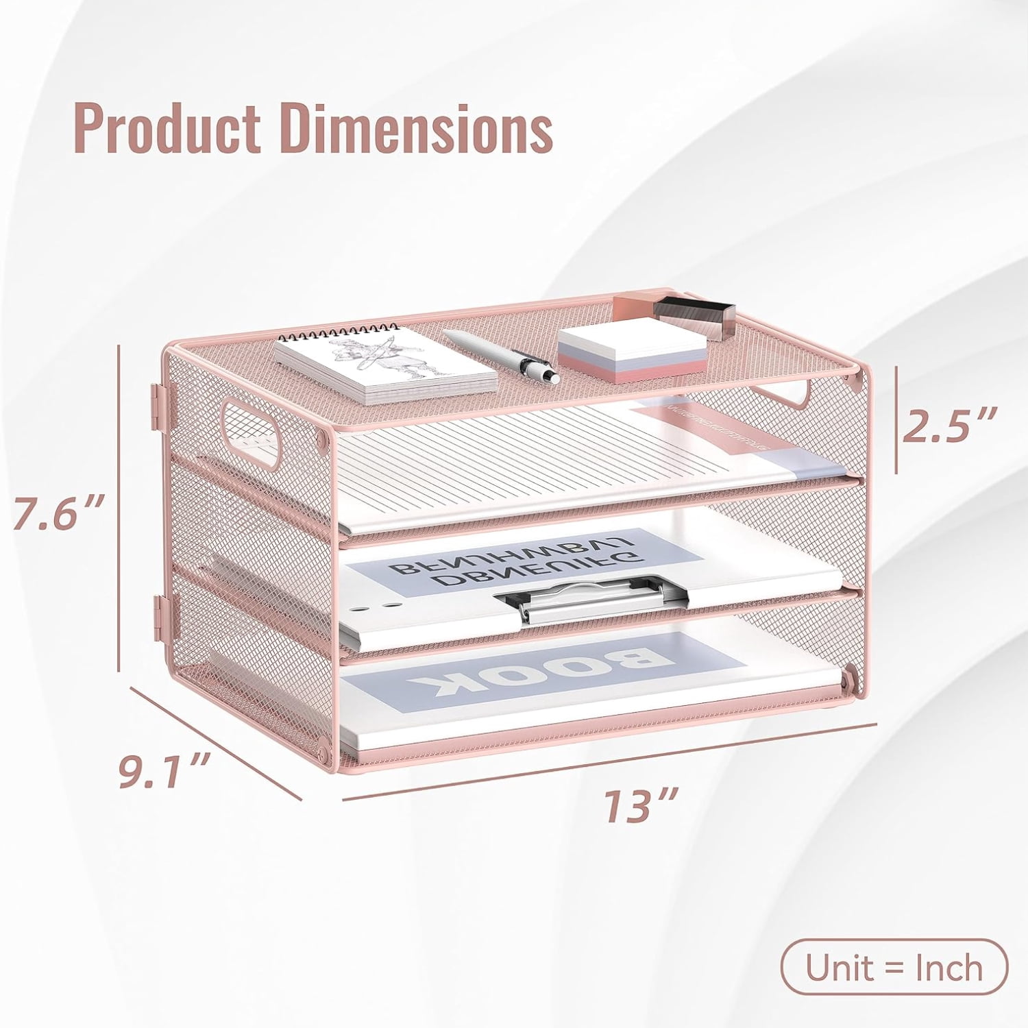 INTIGE 3-Tier Metal File Organizer with Handles, Desktop Storage Cabinet for Home, Office, Pink
