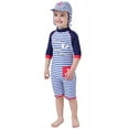 thumbnail image 2 of Styles I Love Kid Boys Anchor Striped Printed One-Piece Rash Guard with Sun Hat 2pcs Swimsuit Pool Swimwear Beach Bathing Suit (4T) Blue, 2 of 7