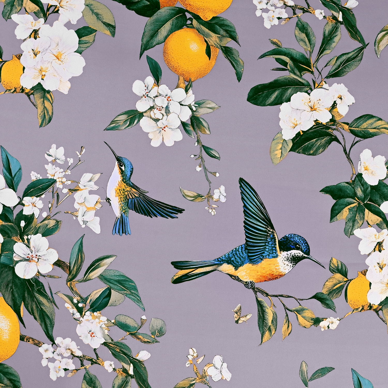 Alishomtll Floral Lemon Hummingbird Blackout Curtains Room Darkening Grommet Window Drapes for Living Room , 52"x63", ,Set of 2 Panels,Grey