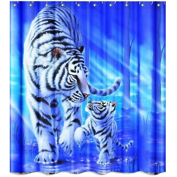Wildlife Tiger Mom And Son Cloth Fabric Shower Curtain Sets Bathroom Decor With Hooks Waterproof Washable 71 X Inches Blue White Black Com Wildlife Tiger Mom And Son Cloth Fabric, Wildlife Shower Curtains Sets