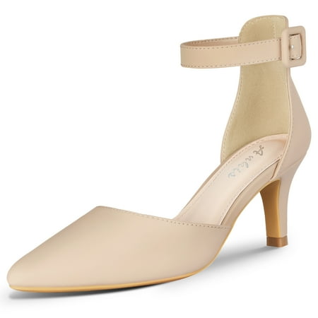 

Solid Color Ankle Strap Pumps Women‘s Elegant Point Toe Buckle Decor Heeled Pumps