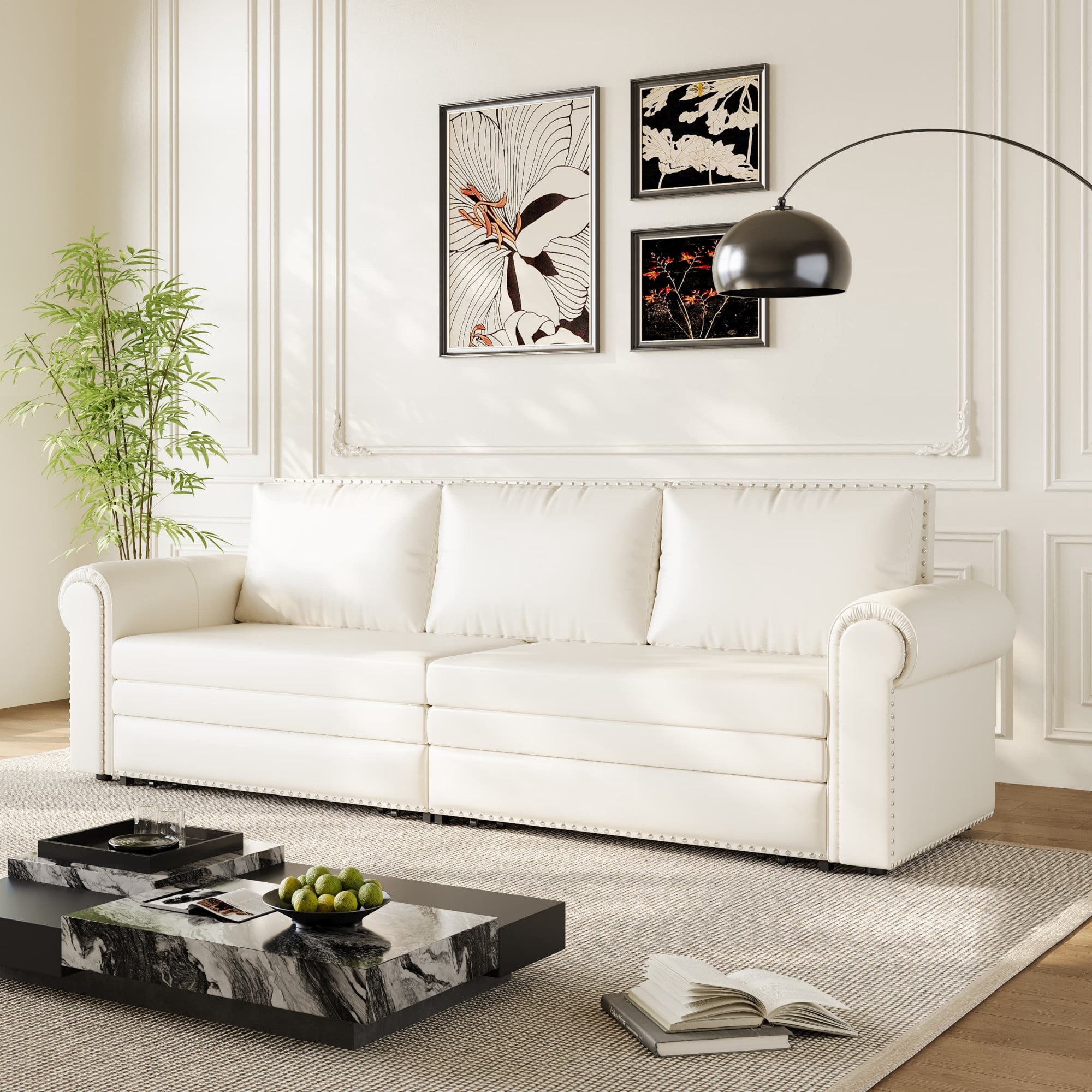 LLappuil King Size Pull Out Sofa Bed, Oversized Loveseat Sofa Convertible Sleeper Sofa Bed, Faux Leather Sofa Couch for Living Room Apartment Beige