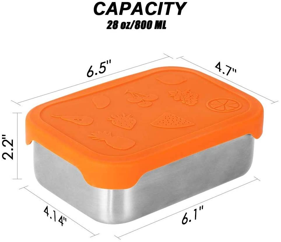 Stainless Steel Lunch Container, 28 oz Leak Proof Lunch Box Set with Orange Food Grade Silicone Lid and 6 Muffin Cups