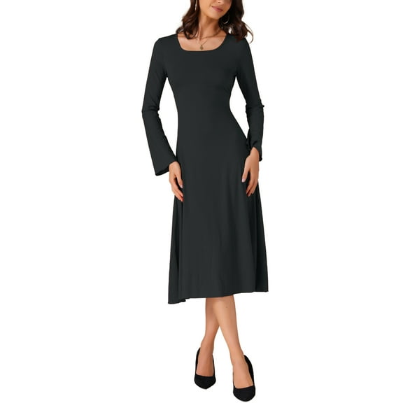 INSPIRE CHIC Women's Knit Midi Dress A-Line Square Neck Long Sleeve Dresses XS Black