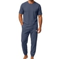 thumbnail image 4 of Workout Sets for Men Loungewear Set Short Sleeve Shirt Summer Loose Breathable Casual Daily Round Collar Suit Navy L, 4 of 5