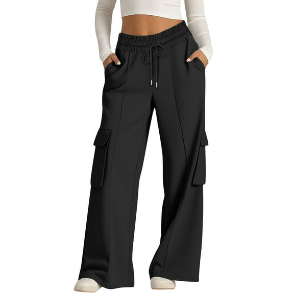 Women's Cargo Sweatpants Solid-Color Drawstring Wide Legs Pants Casual Baggy Workwear Pants With Loose Multi Pockets