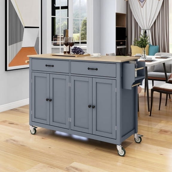 54.3" Kitchen Island Cart, Modern Solid Wood Storage Cabinet with Locking Wheels, 4 Door, Spice Rack, Towel Rack and Two Drawers, Rolling Mobile Kitchen Island Table, Blue