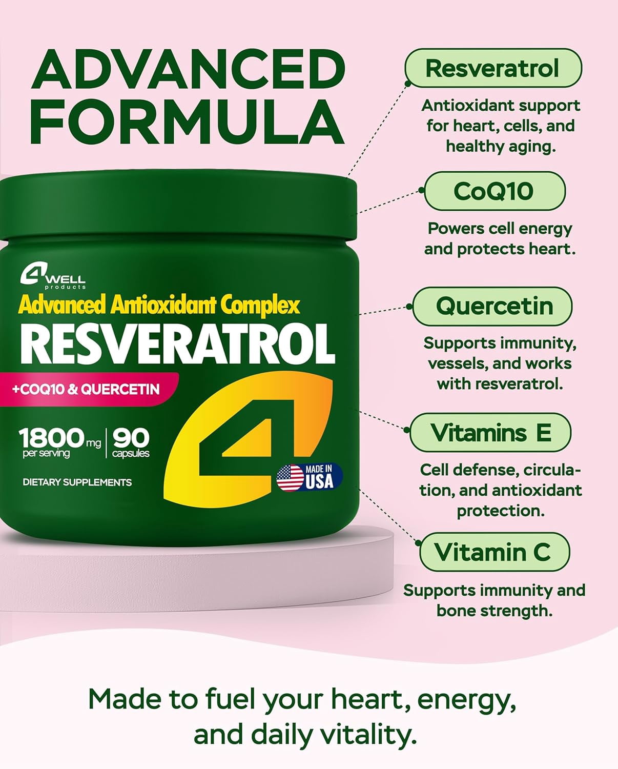 4Well Resveratrol Supplement 1800mg Complex - COQ10, Quercetin, Vitamin E, Vitamin C - Powerful Antioxidant Formula for Enhanced Energy, Heart Health & Healthy-Aging Support Trans Resveratrol 90 Caps