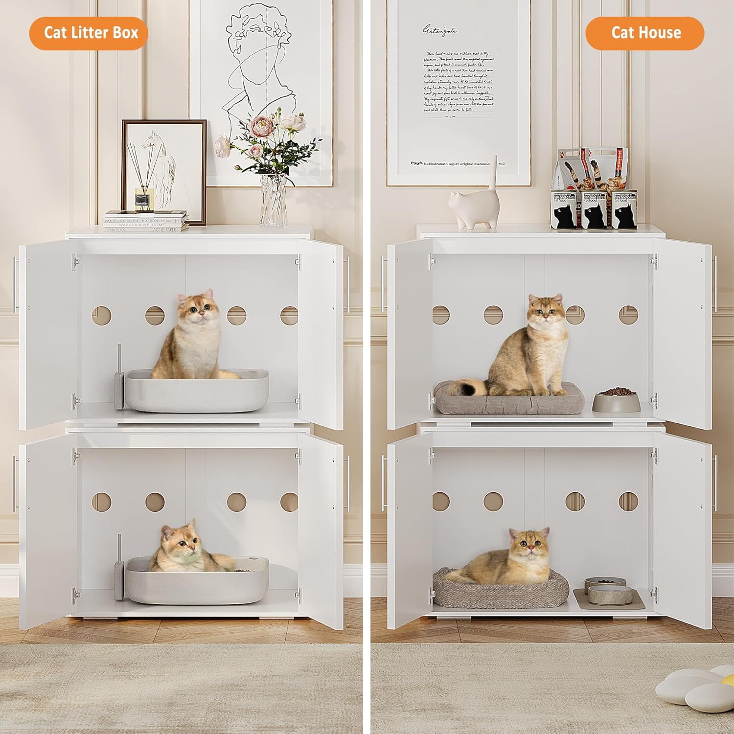 Cat Litter Box Enclosure,Hidden Litter Box Furniture with Double Room,Wooden Litter Box Enclosure Furniture,Indoor Cat House Cat Washroom Furniture