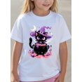 thumbnail image 1 of Girls' Halloween-Themed Black T-Shirt with Cartoon Witch Cat Graphic - Casual Crew Neck, Short Sleeve Top, Cotton, Summer Wear, Halloween Clothe, 1 of 6