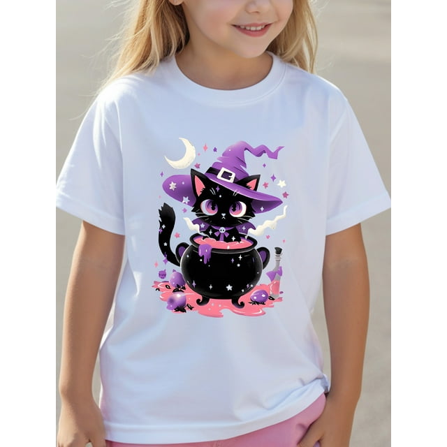 Girls' Halloween-Themed Black T-Shirt with Cartoon Witch Cat Graphic - Casual Crew Neck, Short Sleeve Top, Cotton, Summer Wear, Halloween Clothe