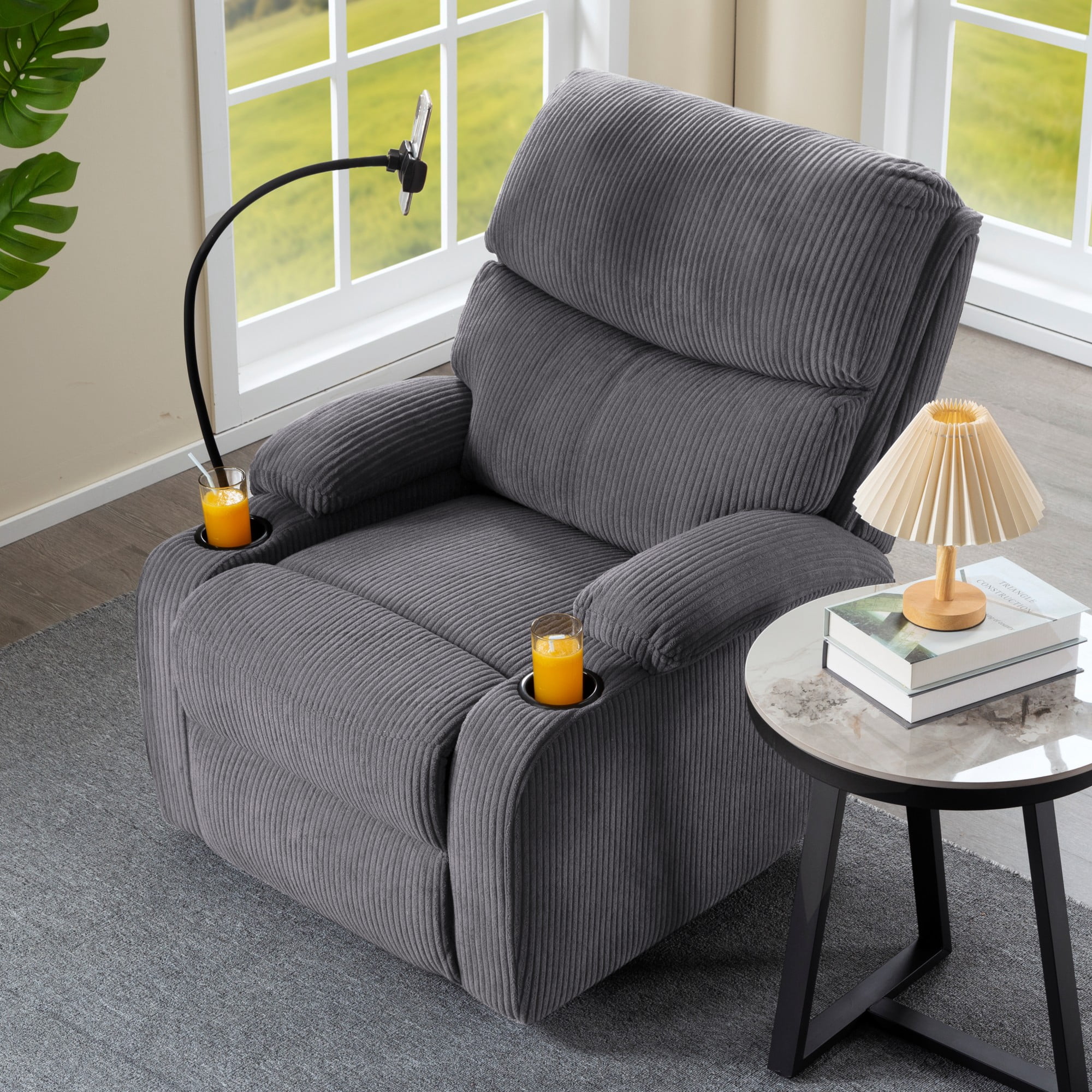 Gewnee Light Grey Corduroy Manual Push Back Recliner Chair,Recliner Armchair with Phone Holder & Cup Holders,Single Sofa for Home,Office.