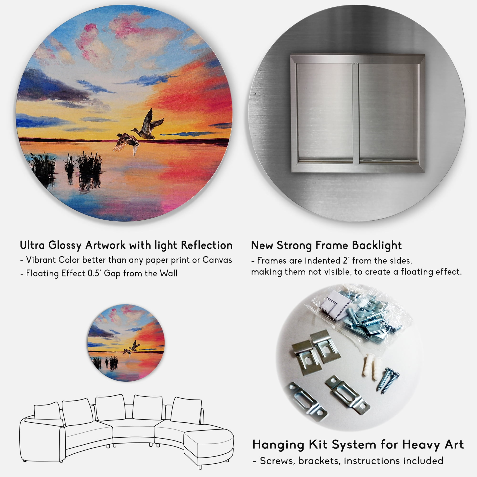 Designart 'Crane Birds Flying During Colorful Sunset' Nautical & Coastal Circle Metal Wall Art 29x29 - Disc of 29