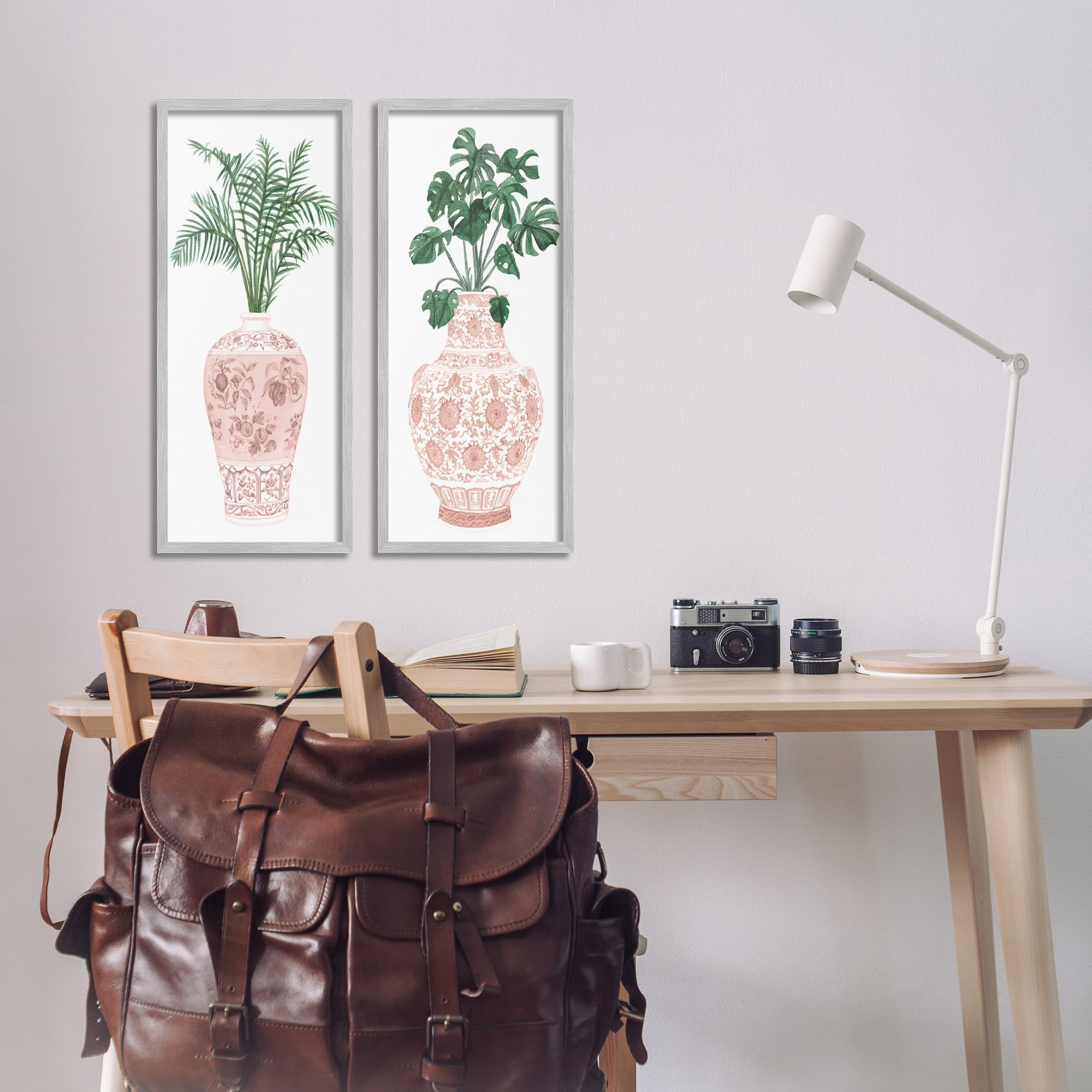 Stupell Industries Plants & Oriental Vases Botanical & Floral Painting Gray Framed Art Print Wall Art, 10 x 24, Set of 2