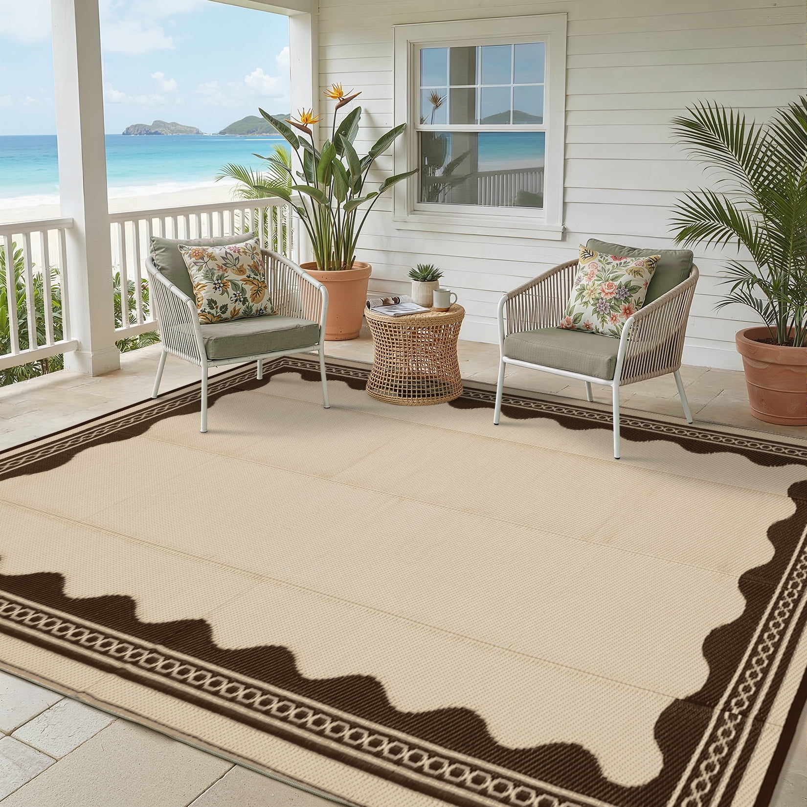 Garvee Outdoor Rug 8x10ft Modern Bordered Reversible Plastic Straw Rug, Waterproof RV Camping Rug Foldable Patio Rug for Deck Porch Balcony Backyard Picnic Beach, Brown