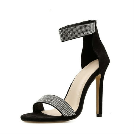 

Peep Toe Rhinestone Sandals Women s Elegant High Heels Shoes Summer Beach Supply 37 Black