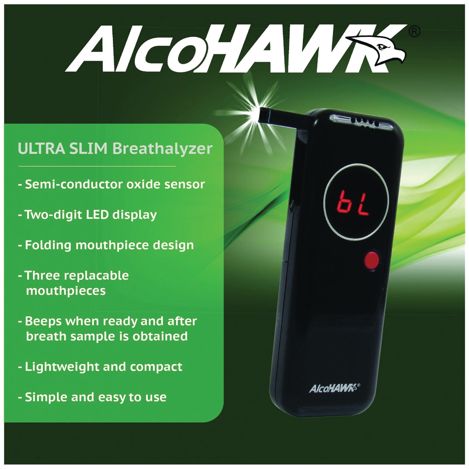 Alcohawk Ah2800s Precision Ultra Slim Breathalyzer With 50-pack Of Pt500 Mouthpeices