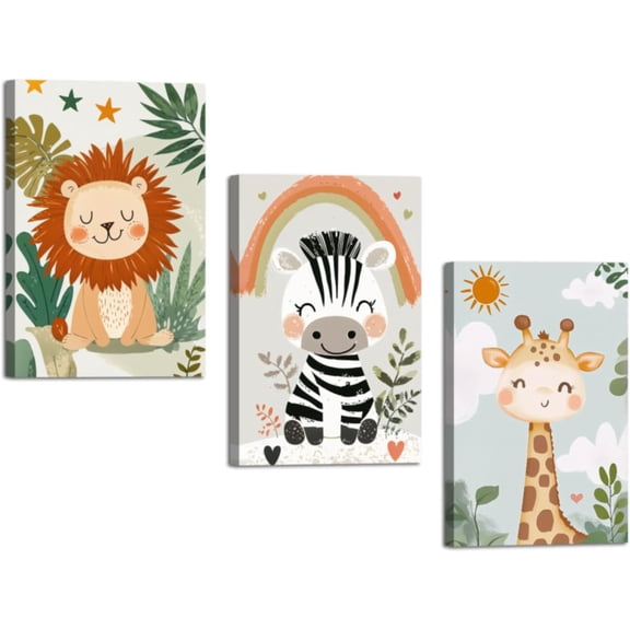 Hieng Safari Animals Nursery Wall Art 3 Pieces Giraffe Lion Elephant Monkey Zebra Pictures Jungle Baby Animal Theme Canvas Prints for Kids Room Decor Unframed