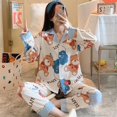 thumbnail image 3 of Conjunto de pijama de algodón con solapa para mujer, traje de pijama holgado informal con estampado de dibujos animados, ropa de casa para otoño e invierno, 2021, 3 of 4