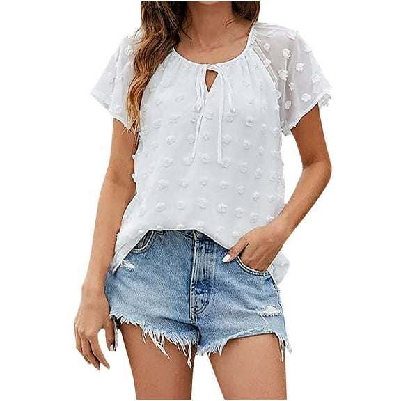 Womens Chiffon Blouse Swiss Dot Casual V-Neck Tie Puff Short Sleeve Pom Pom Shirts Loose Fit Summer Tops Tunics