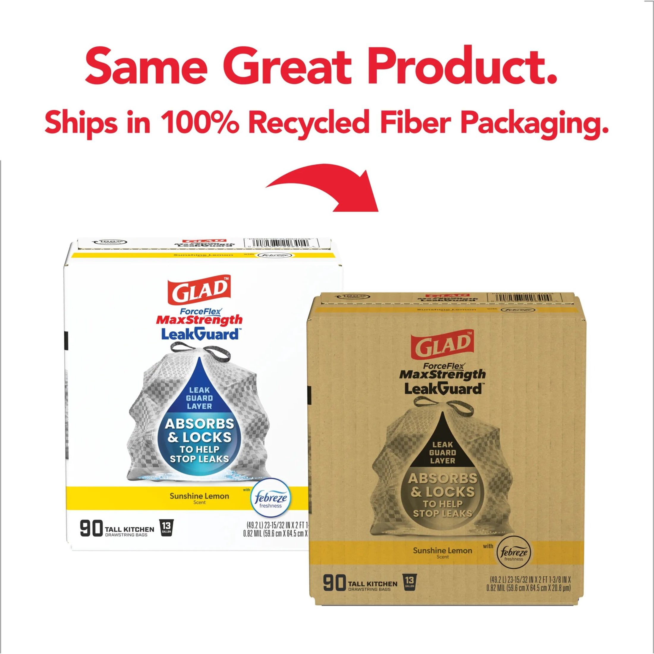 Glad ForceFlex MaxStrength LeakGuard Tall Kitchen Trash Bags, 13 Gal, Sunshine Lemon Scent, 90 Ct